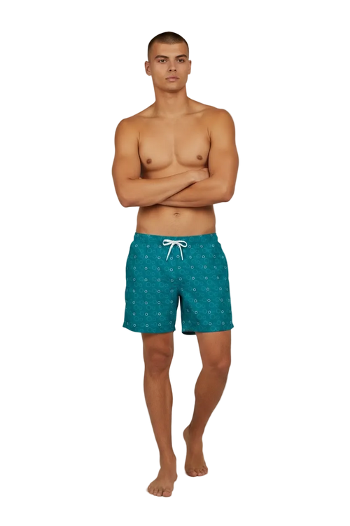 Red Sea Coast teal swim shorts, front view with arms crossed
