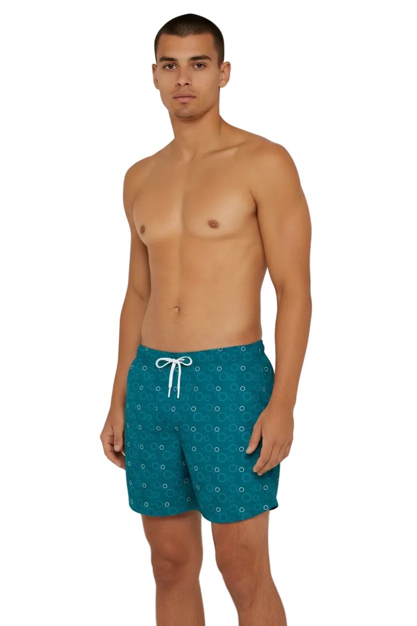 Bahr Red Sea Coast swim shorts in teal with rising bubbles print, three-quarter view