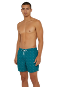 Bahr Red Sea Coast swim shorts in teal with rising bubbles print, three-quarter view