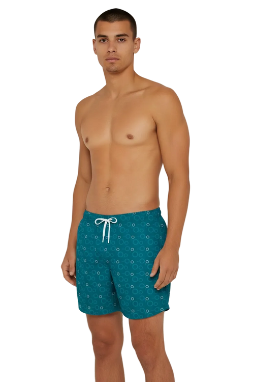 Bahr Red Sea Coast swim shorts in teal with rising bubbles print, three-quarter view
