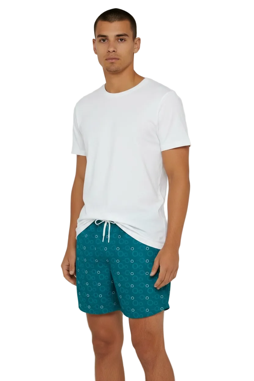 Red Sea Coast teal swim shorts styled with a white tee