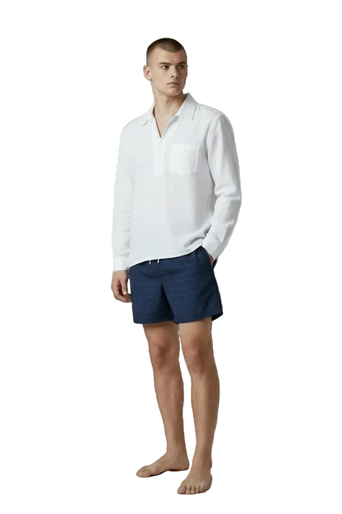 Classic Wave navy swim shorts styled with a white shirt, front view