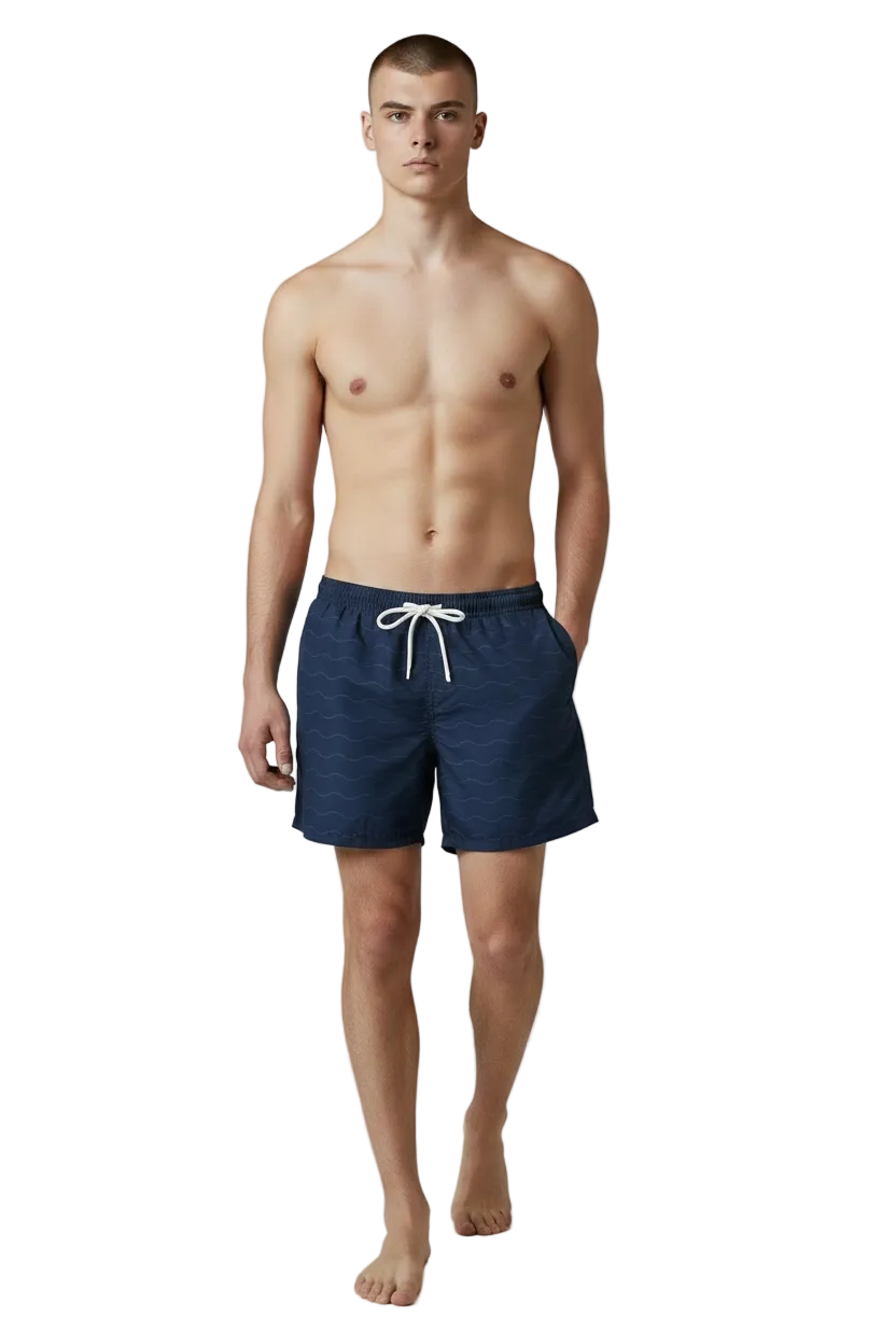 Bahr Classic Wave swim shorts in deep navy with tonal wave print, front view