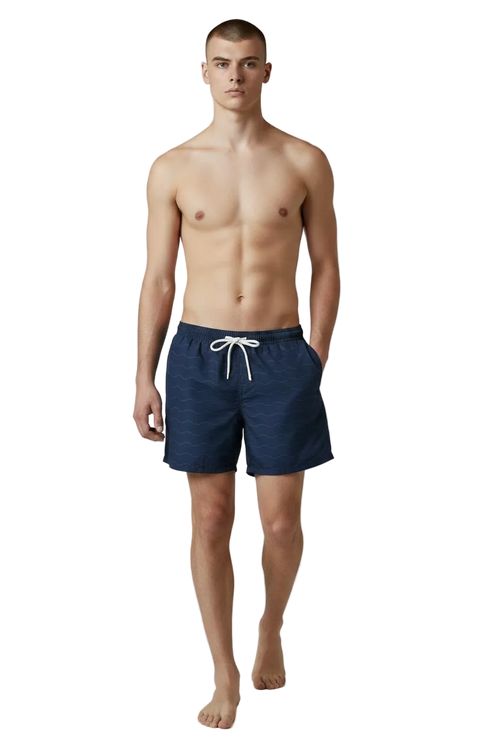 Bahr Classic Wave swim shorts in deep navy with tonal wave print, front view