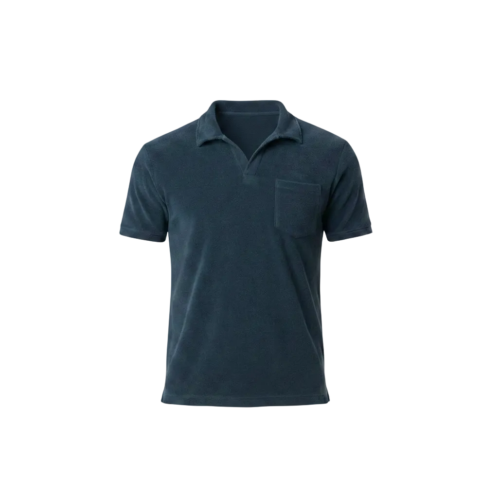 Bahr Towel Polo in navy — open collar and chest pocket, soft towelling fabric