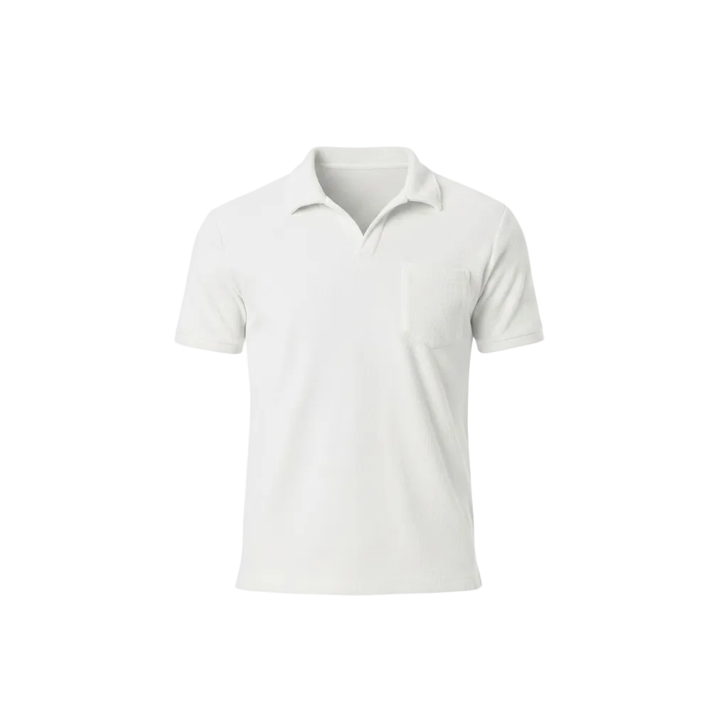 Bahr Towel Polo in white — open collar and chest pocket, soft towelling fabric