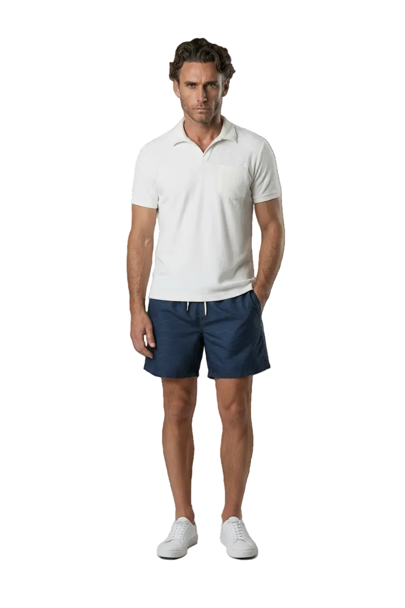The Shore Set — white towel polo with Classic Wave swim shorts, front view