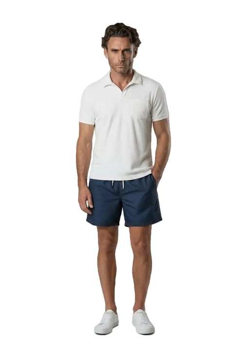The Shore Set — white towel polo with Classic Wave swim shorts, front view