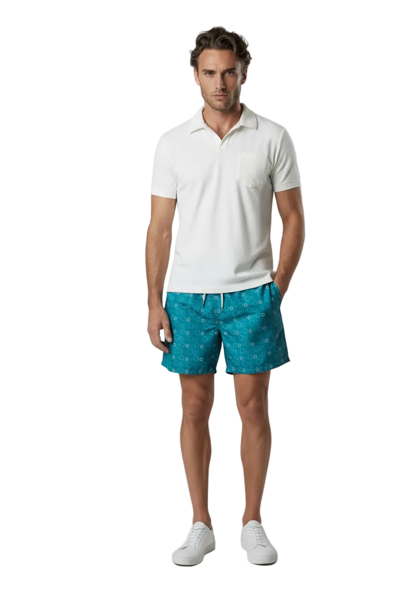 The Shore Set — white towel polo with Red Sea Coast swim shorts, front view